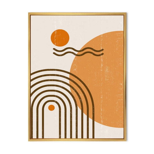 Designart Soleil et Lune Arc-en-Ciel Abstraits dans des Tons Terre II Cadre Flottant ART Mural Présentant une Impression sur Toile Abstraite Moderne Encadrée avec des Formes Géométriques Ton Terre orange et Brun Incluant un Grand Demi-Cercle orange, un Petit Cercle orange et des Lignes Courbes Brunes, Imprimée sur Toile de Coton de Qualité Supérieure avec Encre Résistante à la Décoloration, Enveloppée pour Galerie et Prête à Accrocher, Idéale pour la Déco Contemporaine de la Maison.