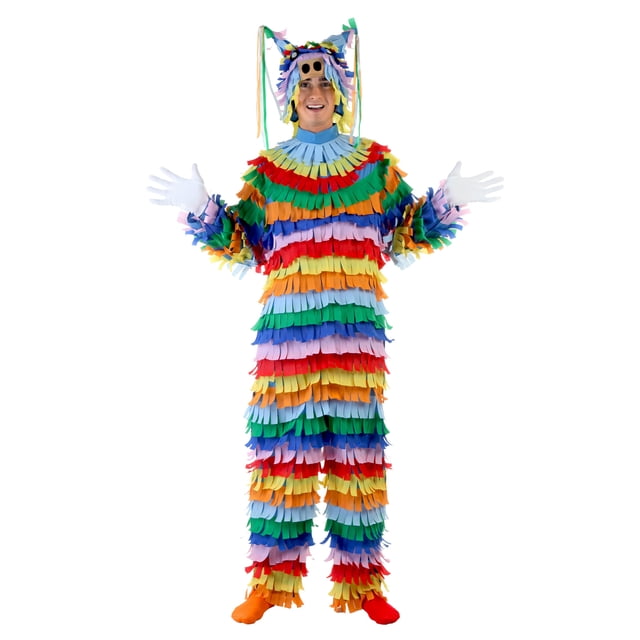 Costume Pinata pour Adulte Comprenant une Combinaison Intégrale Recouverte de Rangées de Franges aux Couleurs Vives dans des Nuances de Rouge, Bleu, Vert, Jaune et Violet. le Costume Comprend un Chapeau Assorti avec des Cornes Rembourrées, Également Orné de Franges Multicolores. Fait de 90 % polyester et 10 % Coton en Popeline, la Combinaison Se Fixe avec une Fermeture Éclair au Dos et une Languette Velcro sur le Col Montant pour un Ajustement Sécuritaire. Idéal pour les occasions Festives comme le Cinco de Mayo, le Jour des Morts Ou les Fêtes à Thème.
