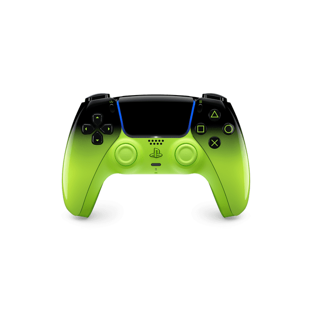 DualSense® Wireless Controller – Remix Green front view with a gradient from bright green to black, showing dual analog sticks, directional pad, PlayStation logo button, adaptive triggers, built-in microphone, 3.5mm headset jack, and action buttons with green symbols, designed for PS5 gaming and streaming.