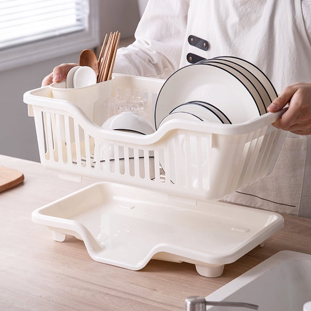 Kitchen Dish Racks for Counter Kitchen Accessories Organizer Kitchen Dryer Rack Dish Drainers for Kitchen Counter in beige, measuring 17.71x9.84x6.88 inches. This modern dish drying rack features a slotted design for plates, bowls, and utensils, along with a detachable drip tray for water drainage. Ideal for kitchen organization and countertop use.