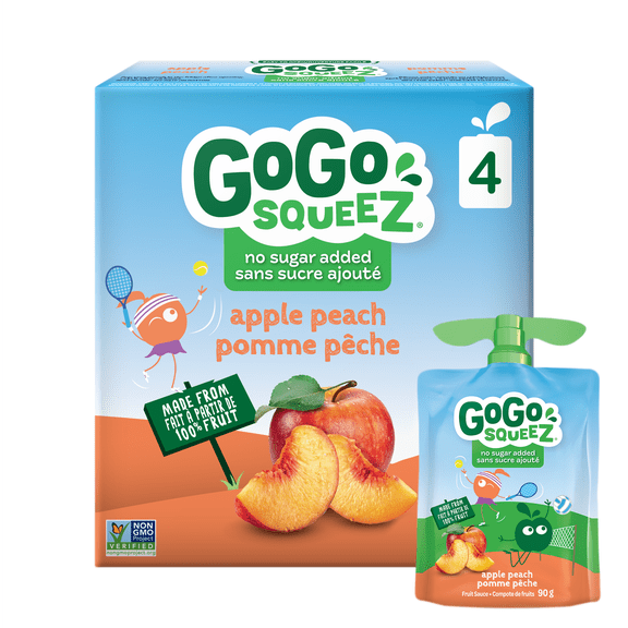 GoGo squeeZ Compote de Fruits, Pomme Pêche, Sans Sucre Ajouté. 90g par Pochette, 4 Pochettes