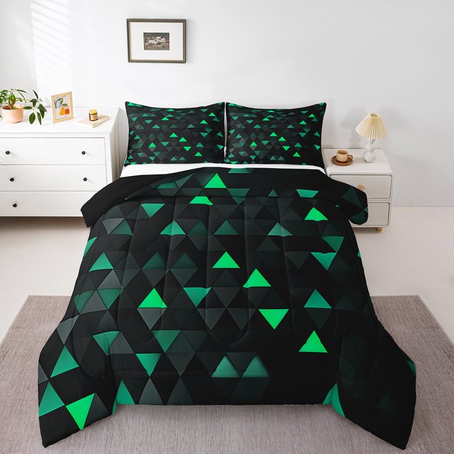 Erosebridal Ensembles de Literie Triangle Verts Très Grand avec Couette, Insert de Couette Triangle Néon, Vert Noir, 3 Pcs Réversible