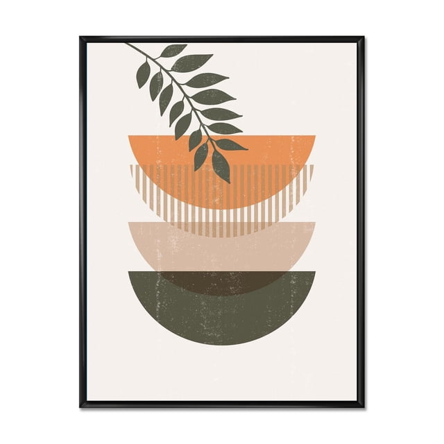 Designart Cadre Flottant Abstrait Géométrique Soleil et Lune avec Feuille II ART Mural avec un Cadre Flottant Noir Enfermant une Impression sur Toile de Trois Demi-Cercles Empilés en orange, beige et Vert Foncé, Accentuée d'Une Branche Feuillue Vert Foncé sur un Fond beige Pâle, Imprimée sur Toile de Coton de Qualité Supérieure avec Encre Résistante à la Décoloration, Enveloppée pour Galerie et Prête à Accrocher, Idéale pour la Déco Maison Moderne.