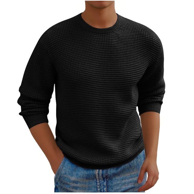 Penkiiy Chandail à Col Rond pour Homme Coupe Ajustée Léger à Manches Longues Tricoté Chandails 2TG Noir