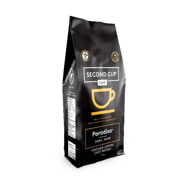 Second Cup Paradiso Café Moulu Moyen en Sac de 320 g avec Marquage or et Blanc, Mettant en Vedette le logo de Second Cup Café et une Icône de Tasse de Café Stylisée. Ce Café Torréfaction Foncée Est Fait de Grains d'Arabica Spécialisés, Certifié Rainforest Alliance, Idéal pour l'Infusion Goutte à Goutte Ou par Versement.