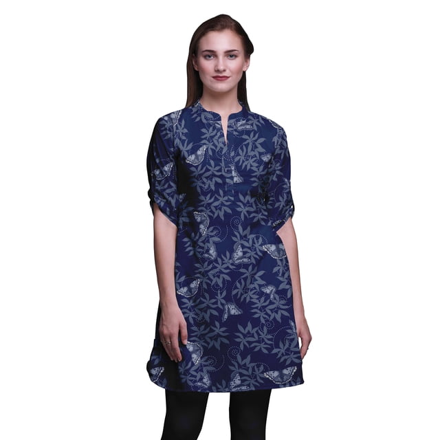 Bimba Short Kurtis For Ladies Printed Mandarin Collar Roll Up Sleeve Dress