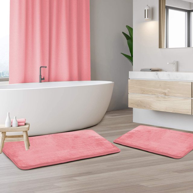Clara Clark Bath Mat Set \u2013 Memory Foam Bath Mat - Soft Bathroom Rug - Non Slip and Super Absorbent - Fast Drying Machine Washable Bath Mat Set of 2 20 x 32, 17 x 24, Coral