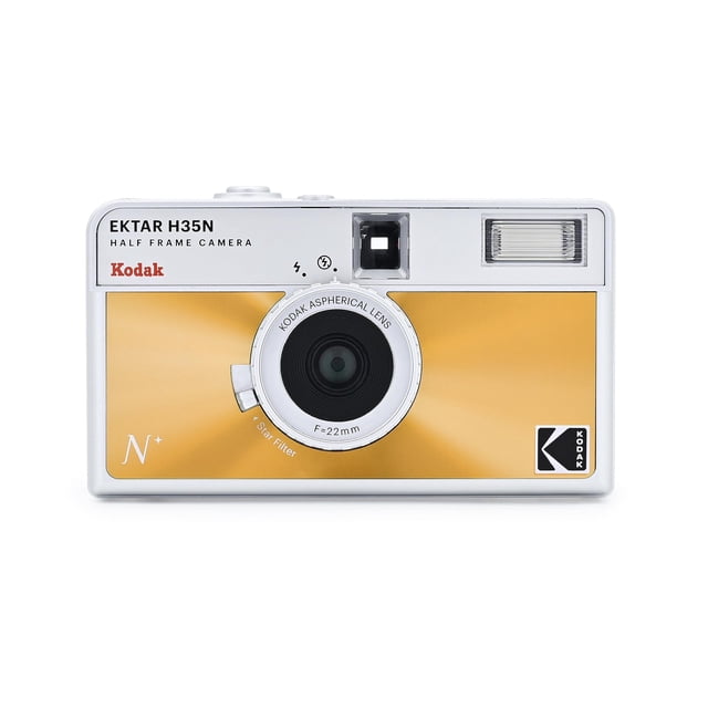 KODAK EKTAR H35N Half Frame Retro Film Camera in glazed orange, designed for 35mm film compatibility. Features a 22mm fixed-focus wide-angle lens, built-in flash, and star filter for creative light effects. Compact and lightweight design with a tripod hole for stability during long exposure photography. Includes a bonus microfiber cleaning cloth.