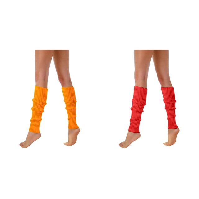 Lot de 2 (Orange 1 Pcs et Rouge 1 Pcs) Multipack Jambières Années 80 90 pour Femmes Chaussettes Côtelées Néon Accessoires Stylés Manches de Chaussettes en Laine Tricotée Fluorescentes Colorées