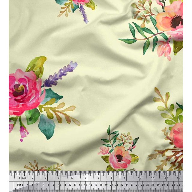 Soimoi polyester Crepe Fabric Leaves & Anemone Flower Print Fabric by Yard 52 Inch Wide