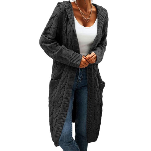Women Hooded Open Front Cardigan Cable Knit Sweaters Solid Chunky Long Sweater Coats with Pockets