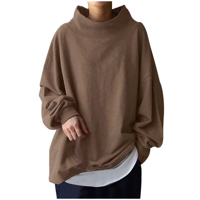 Timegard Hauts Grande Taille pour Femmes Col Haut Épaules Tombantes Manches Longues Confortables Chandail-Over Mode Automne