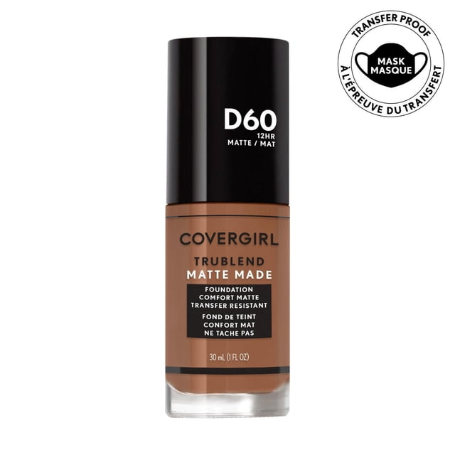 COVERGIRL Trublend Matte Made Foundation in shade D60, 30 ml liquid foundation with a matte finish and 12-hour transfer-resistant wear, featuring an oil-free formula that blurs pores and minimizes imperfections, suitable for normal to oily skin.