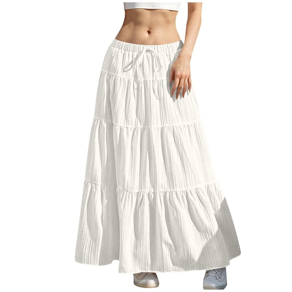 Women's Maxi Skirts Ruffle Tiered Flowy Swing Long Skirt Elastic Waist Drawstring Fashion Summer Beach Clothes (2XL, White)