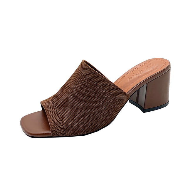 WLOELOEW Casual Brown Sandals For Women Square Toe Design Block Heel Mesh Material Foot Length 9.45 Inches Us Size 6.5