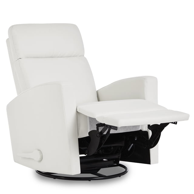 Dream On Me Chatham Plus Swivel Glider, Recliner in Leatherette in white, shown in a 3/4 profile with footrest extended. It features ergonomic backrest support, padded armrests, and a manual lever for easy reclining. The recliner has a solid metal base for 360-degree swivel and smooth gliding, covered in easy-to-clean leatherette upholstery.