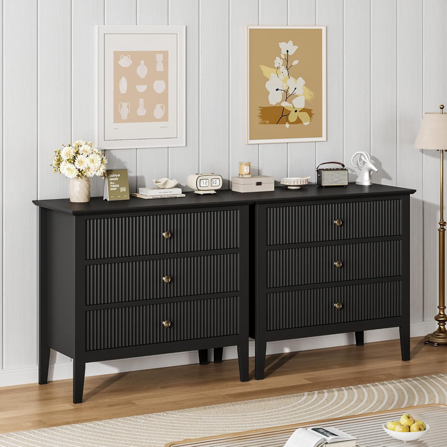 Fluted 3 Drawers Dresser Set of 2, Wide Wood Chest of Drawers, Modern Storage Dresser Chest of Drawers Organizer with Metal Legs and Anti-Tipping Device for Bedroom Living Room, Black