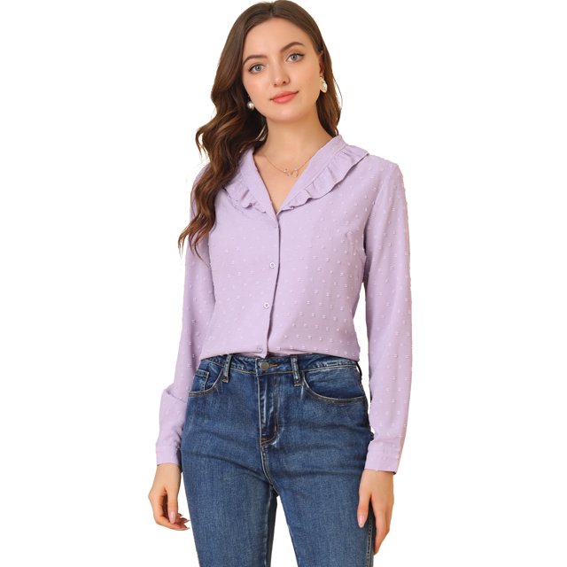 INSPIRE CHIC Women's V Neck Ruffled Collare Swiss Dots Puff Sleeve Button Front Shirt