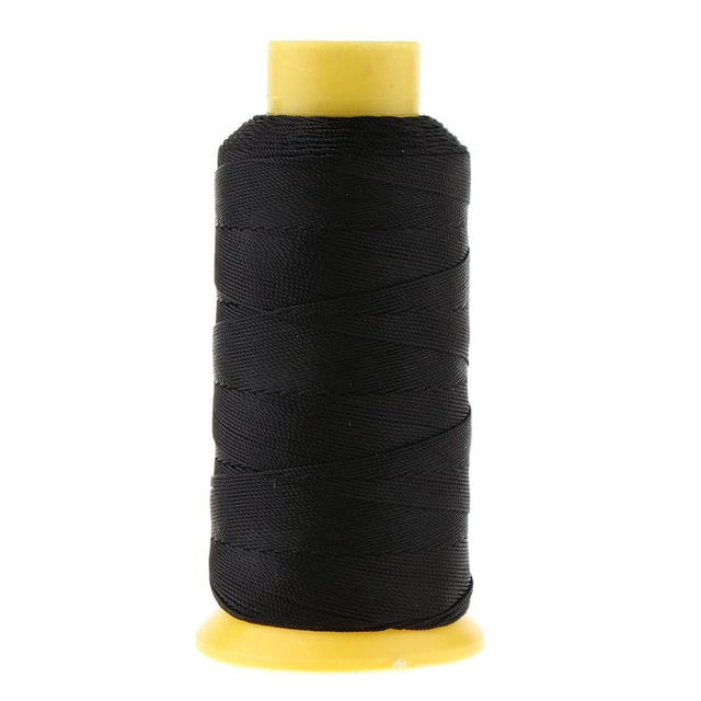 Strong Bounded Nylon Leather Sewing Stitching Thread for craft repair, 0.5mm in black. Made of durable nylon material, this heavy-duty thread is ideal for sewing bags, tents, fabric sofas, bedding, and DIY jewelry making. The spool contains approximately 280 meters (306 yards) of nine-ply thread with a 210D model. Suitable for home use, leather tools, and needlecraft projects. Features a yellow spool base for easy handling.