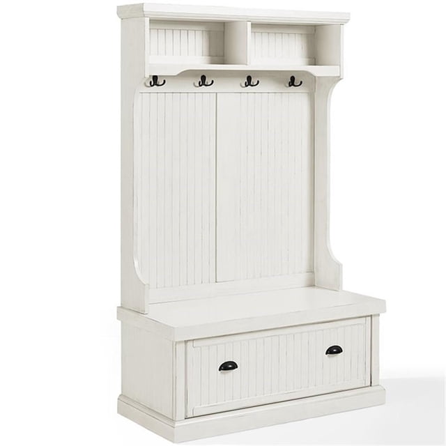 Crosley Furniture Seaside Wood Hall Tree in distressed white finish, designed for entryway organization. Features beadboard paneling, a full-sized bench seat, four double prong metal hooks, two upper storage cubbies, and a hinged drop-down cabinet door with magnetic closure. Made from particle board, birch veneer, and solid poplar wood, with antique black metal hardware. Suitable as entryway furniture and complements farmhouse decor.