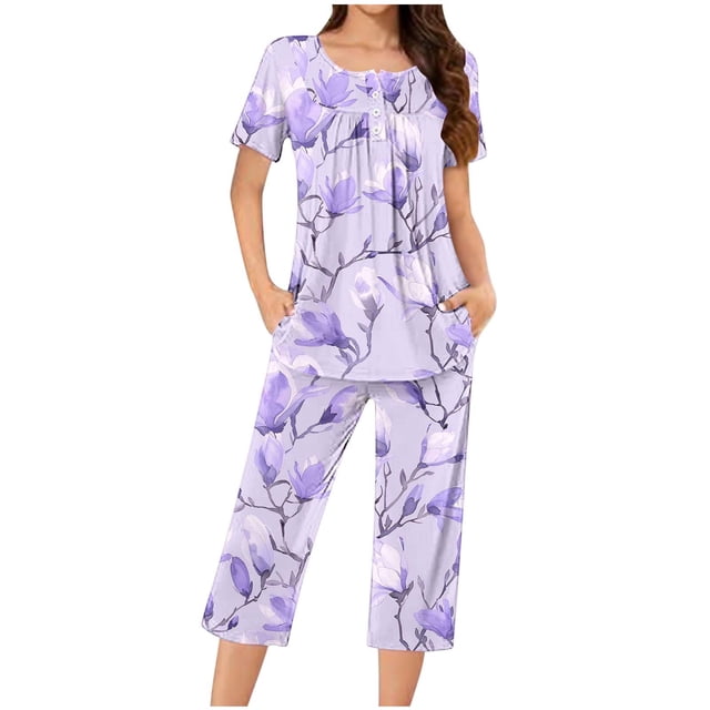 Rbaofujie Pyjama pour Filles Femmes Décontracté Col Rond Manches Courtes Blouse Pantalon Mode Ensemble de Pyjama Vêtements de Nuit pour Femmes
