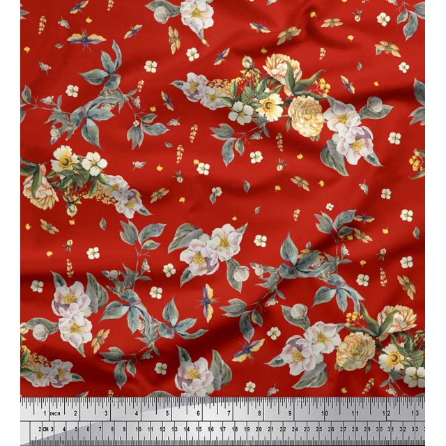 Soimoi Tissu Satin Modal Feuilles, Moth & Magnolia Imprimé Floral 1 Yard 42 Pouces de Large