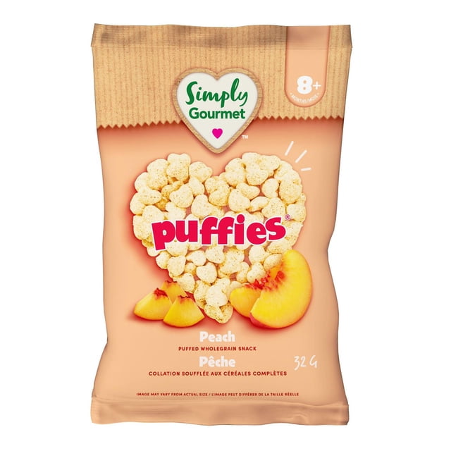 Simply Gourmet Peach Puffies baby snack bag with heart-shaped puffed wholegrain snacks and peach slices on a peach background, made for babies 8 months and older to aid fine-motor skill development, rice-free and gluten-free baby crunchy snacks.