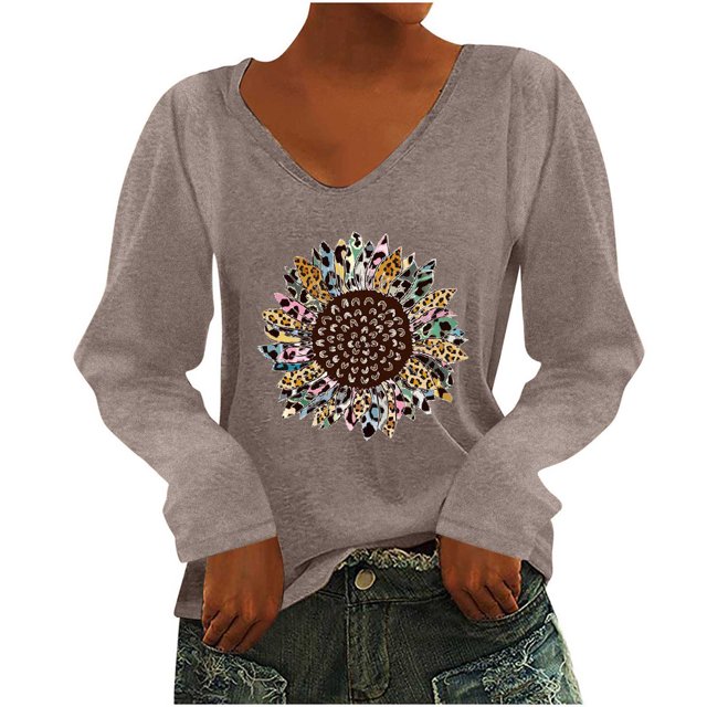 Pompotops T-Shirt à Manches Longues à Col en V Imprimé Décontracté pour Femmes, Chandail, Hauts, Liquidation