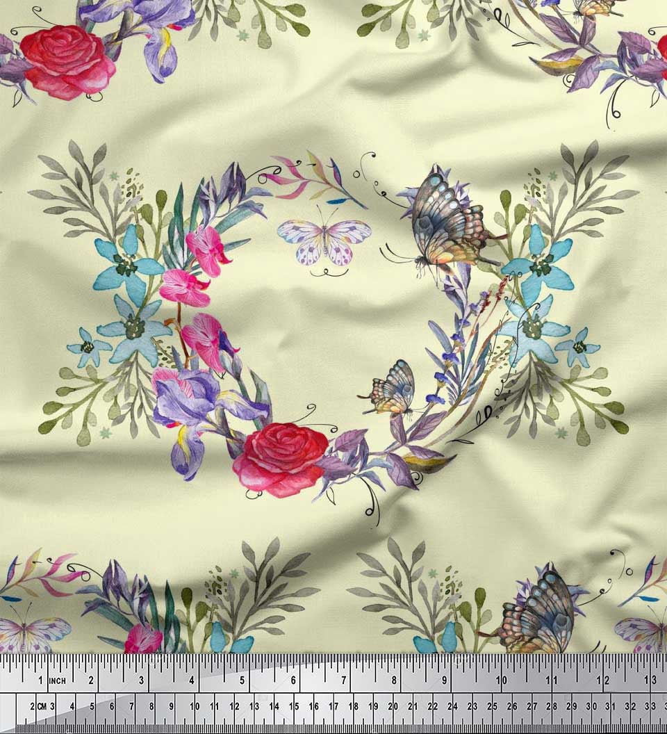 Soimoi Yellow Cotton Jersey Fabric Insect,Rose & Wreath Flower Decor Fabric Printed BTY 58 Inch Wide