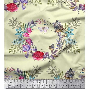 Soimoi Yellow Cotton Duck Fabric Insect,Rose & Wreath Flower Print Sewing Fabric BTY 42 Inch Wide