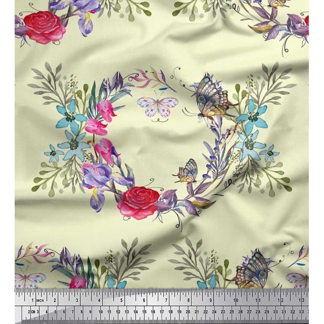 Soimoi Yellow Moss Georgette Fabric Insect,Rose & Wreath Flower Printed Fabric 1 Yard 42 Inch Wide