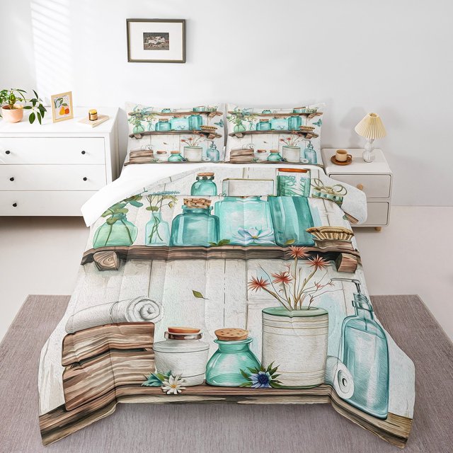 YST Ensemble de Douillette Format Simple, Verres Peints à la Main Feuilles Fleurs Literie Douce, Bouteilles Botaniques Literie Rustique Ensembles de Douillette, Insert de Couette Peinture Artistique Brun Bleu pour Chambre