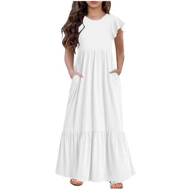 Teen Girls Maxi Long Dress Ruffle Sleeve Round Neck Solid Color Casual Holiday Dresses with Pockets White 150