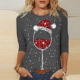 thumbnail image 2 of Hauts d'Été pour Femmes Noël Verre de Vin Rouge Imprimé Col Rond Manches Trois-Quarts T-Shirts pour Femmes Gris m, 2 of 4