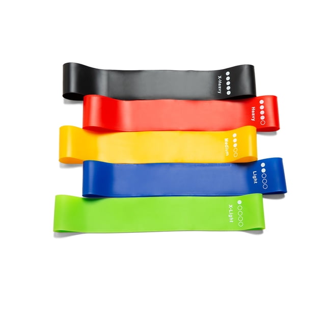 Resistance Loop Exercise Bands by Reiche, featuring a set of five durable, non-tear bands in black, red, yellow, blue, and green. Each band is labeled with resistance levels ranging from extra light to extra heavy. Ideal for strength training, stretching, rehabilitation, and post-pregnancy fitness. Lightweight and portable for on-the-go workouts.