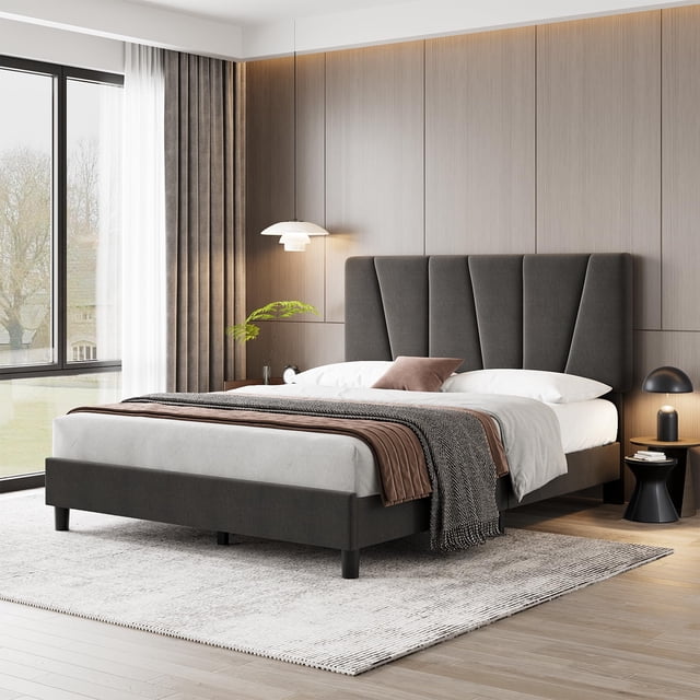 Bed Frame with Headboard Adjustable, Modern Linen Upholstered Twin Platform Bed Frame with Wooden Slat Support, No Box Spring Needed