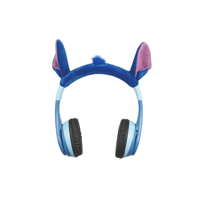 Disney Lilo & Stitch Bluetooth Wireless Headphones with foldable blue adjustable headband featuring plush blue and pink Stitch ears, light blue plastic arms, black cushioned over-ear pads, and built-in microphone, shown front-facing on white background, suitable for kids and adults.