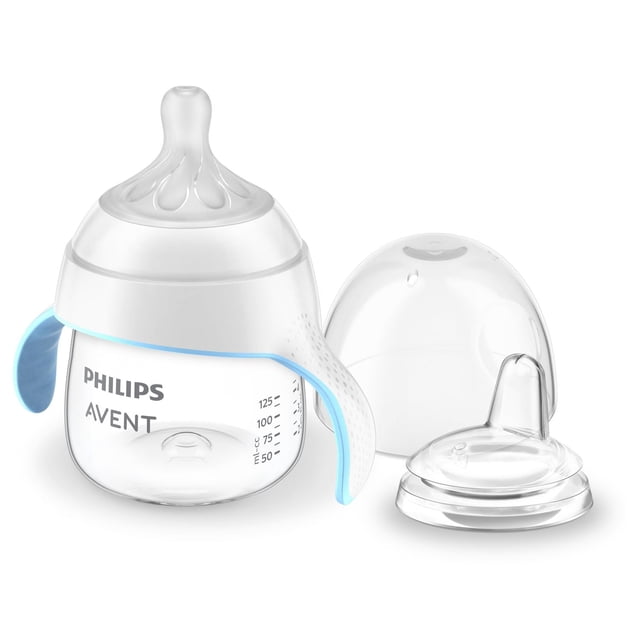 Philips Avent Natural Trainer Sippy Cup with Natural Response nipple and soft spout, clear 5oz cup with detachable blue trainer handles, anti-colic valve, and protective hygiene cap, designed for easy cleaning and smooth transition from bottle to cup.