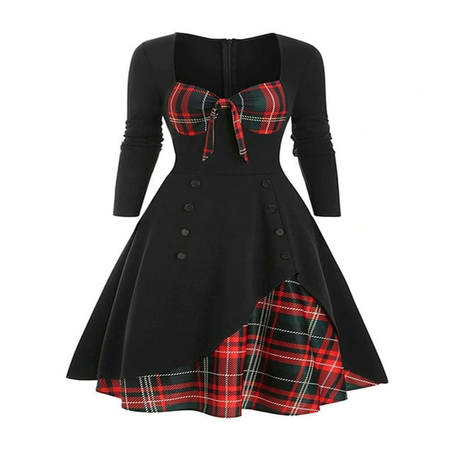 Women‘s Spring Autumn Patchwork Dress Long Sleeve Square Neck Plaid Zipper A-Line Dress