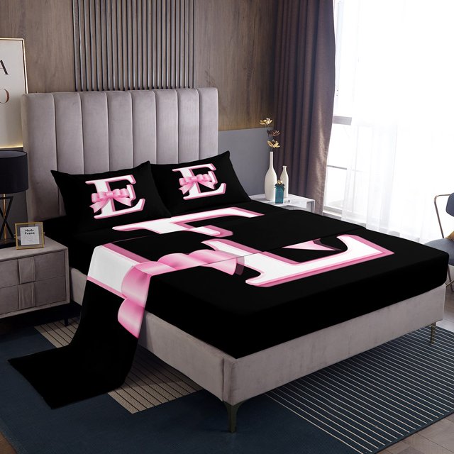 Erosebridal Initial E Letter Sheet Set Full, Princess Bow Bedding Sets Full Size, Monogrammed Reversible Full Sheet Sets, Microfiber Room Decor, 4 Pieces
