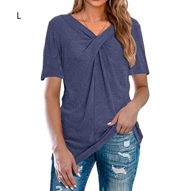 Women T-shirt V Neck Top Short Sleeve Sleeve T Shirt Solid Color Blouse T Shirt, Navy Blue, L