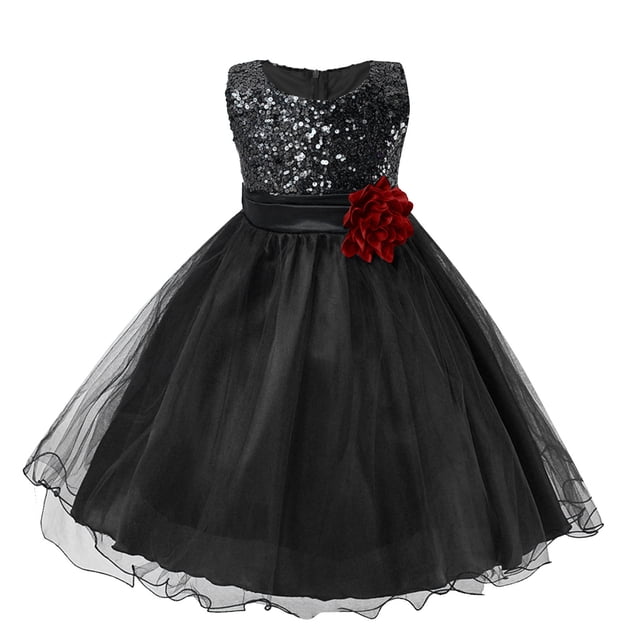 B91xZ Robe Extensible à Manches Courtes pour Filles, Imprimée, Décontractée, de Fête, Tournoyante, pour Enfants, Noir 5-6 Ans