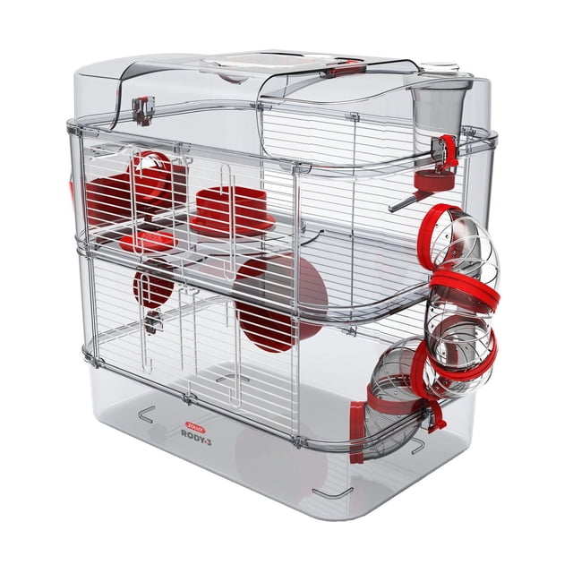 Rody3 Duo Cage pour Hamster - 2 Étages - Grenadine - 41 x 27 x 40,5 cm, un habitat transparent à Deux Niveaux pour Petits Animaux avec Accessoires Rouges Incluant une Roue de Course, une Assiette pour Nourriture, une Bouteille d'Eau et des tubes Courbés de Raccordement, Conçu pour les Gerbilles et les hamsters avec des Ouvertures Latérales pour Fixer aux tubes.