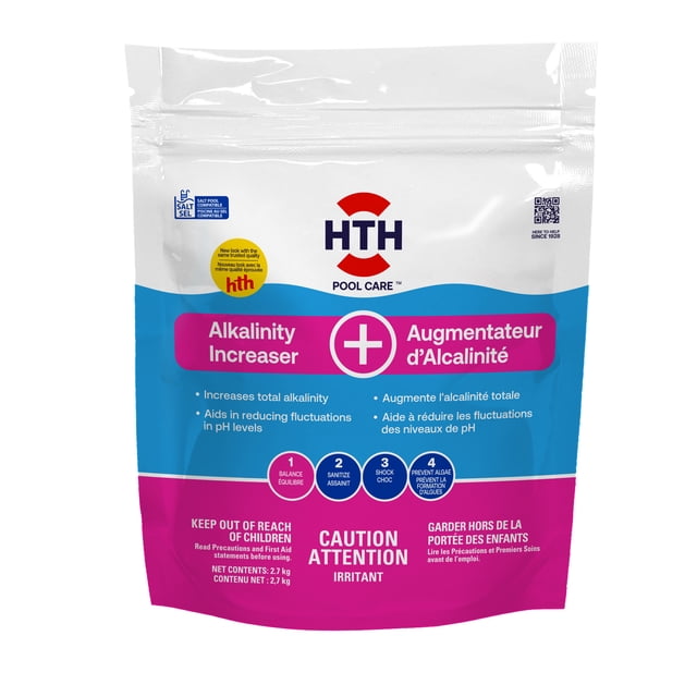Alkalinity Increaser 2.27kg by HTH Pool Care in a resealable white and blue pouch with pink accents, formulated to raise total alkalinity and stabilize pH levels in swimming pools, protecting pool surfaces and equipment, compatible with salt pools, featuring bilingual English and French text and safety warnings.