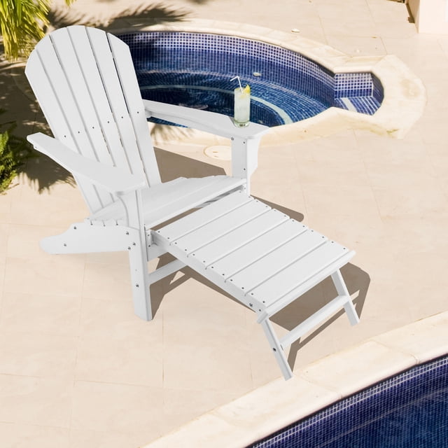 Gymax Chaise Adirondack de Patio en HDPE Chaise Longue d'Extérieur avec Ottoman Rétractable Blanc