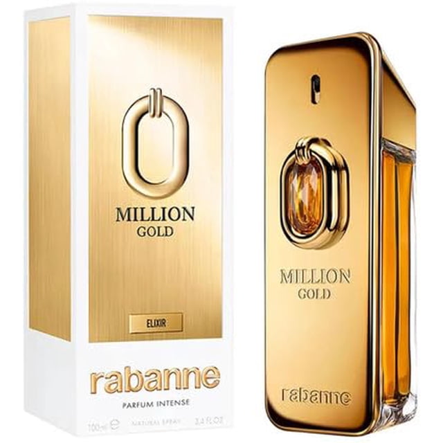 1 Million Gold Elixir Intense by Paco Rabanne for Men - 3.4 oz Parfum Spray. A sleek, gold rectangular bottle with an amber gemstone accent, paired with matching gold and white packaging. This men's Oriental Vanilla fragrance combines yellow mandarin, sandalwood, vanilla, tonka beans, and patchouli for a long-lasting, refreshing scent, ideal for pulse points.