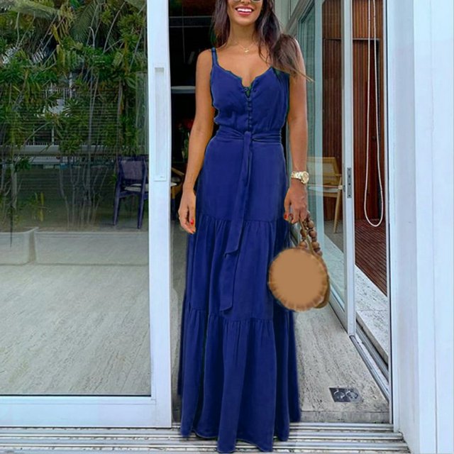 MesaSe Robe de Plage Mode Femme Été Boho Sans Manches à Bretelles Col en V Bandage Fête