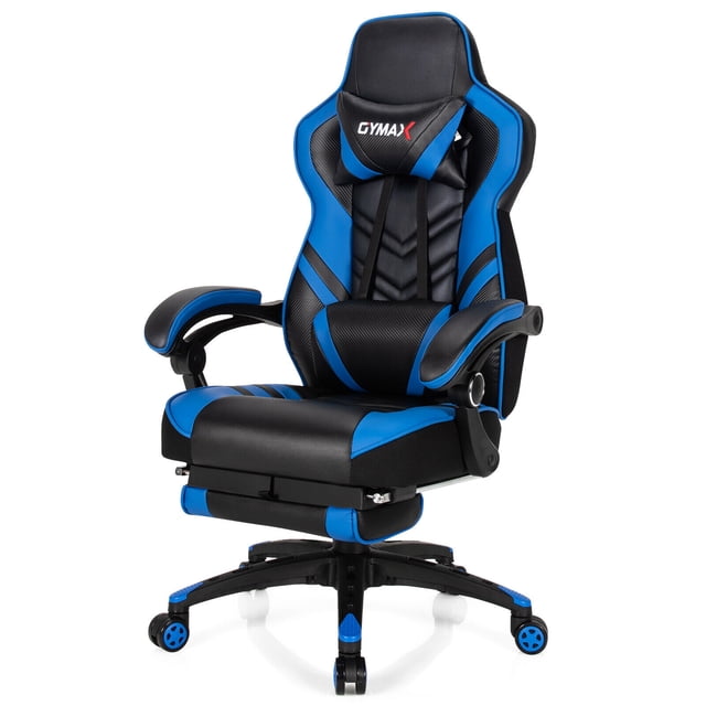 Gymax Office Computer Desk Chair Gaming Chair Adjustable Swivel w/Footrest Blue. This ergonomic high-back chair features a blue and black design with PVC and PU leather upholstery. It includes a retractable footrest, adjustable seat height (17'' to 20''), and a reclining backrest (90°-155°). The chair is supported by a heavy-duty 5-claw base with smooth-rolling casters and a class-3 gas rod for stability, accommodating up to 330 lbs. Additional features include padded armrests, a lumbar support pillow, and a headrest for comfort during gaming, working, or relaxing.