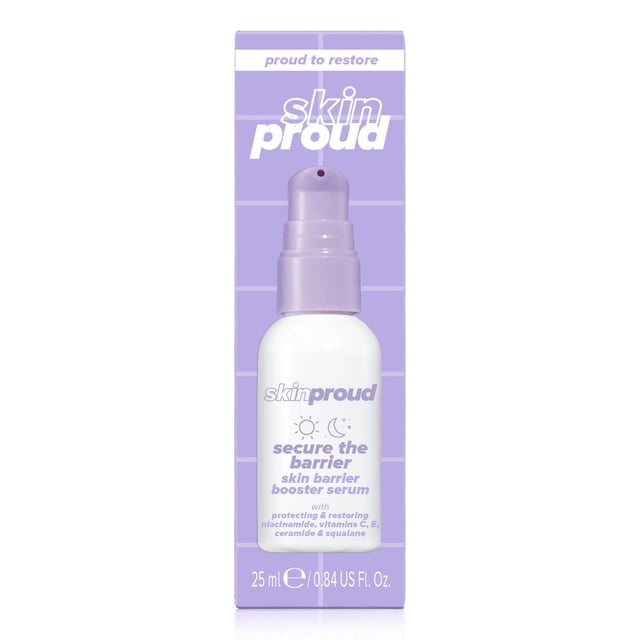 Skin Proud - Secure the Barrier Booster Serum 25ml in a white bottle with a lavender pump dispenser, positioned in front of its lavender box. This facial serum supports and protects the skin's natural moisture barrier with ceramide, niacinamide, vitamins C and E, and squalane, offering hydration and soothing benefits for sensitive skin.