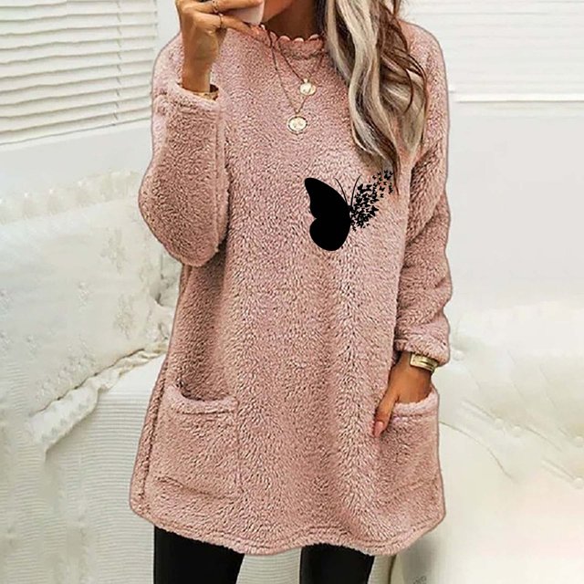 Hauts d'Automne pour Femmes Col Rond pour Femmes et Blouse d'Hiver Ample à Imprimé avec Poche, Chaude, à Manches Longues, Chandails à Col Rond en Liquidation